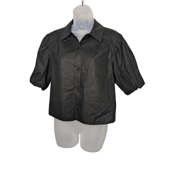 Something Navy Linen Blend Puff Sleeve Button Front Black Blouse Size Small - Picture 1 of 5